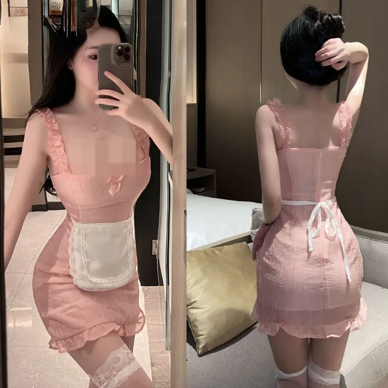 

Anime Girls Sexy Cosplay Lolita Maid Dress Pink Hollow Out Ruffle Bandage Sleeveless Women Halloween Role Play Kawaii Dress Gift