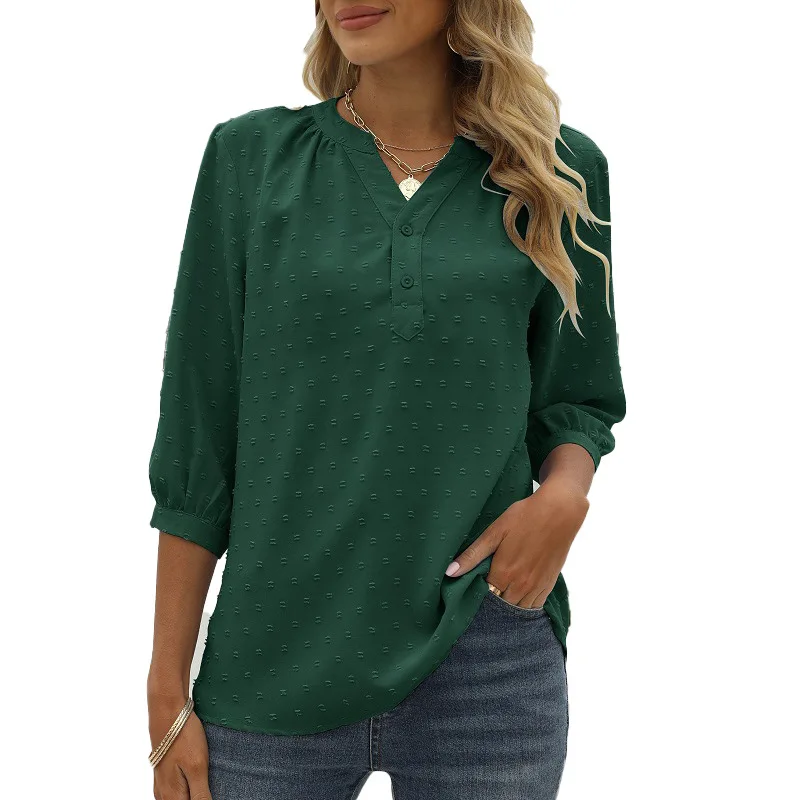 

2022 autumn jacquard V-neck button loose chiffon top women's Black
