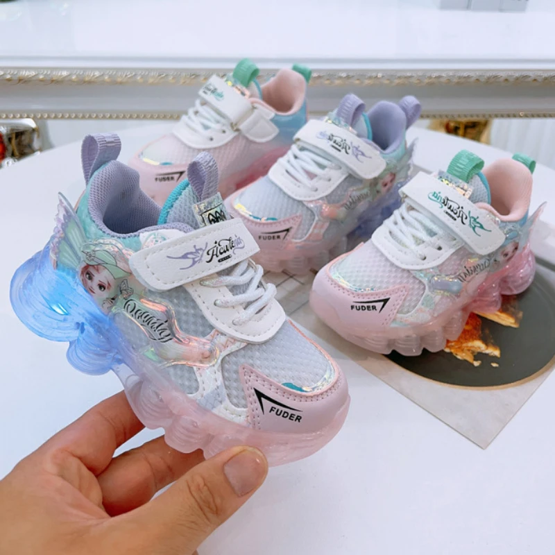 

Disney Girls' Princess Elsa Sports Shoes Spring Autumn Children's Girls' Flashing Cartoon Soft Sole Mesh Blue Shoes Size 23