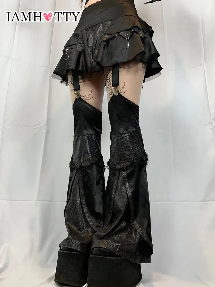 

IAMHOTTY Mesh Leather A-line Gothic Skirt With Trousers Black High Waist Mini Skirts Dark Academia Bottoms Grunge Outfit Vintage