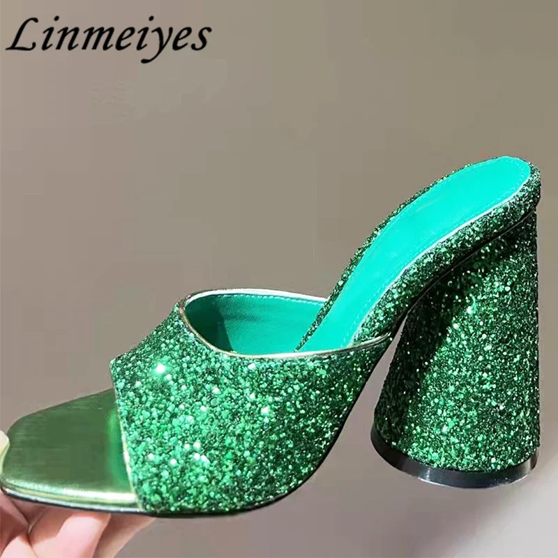 

Женские туфли без задника, квадратный каблук, открытый носок, хрустальный дизайн, сланцы, летняя обувь для вечевечерние НКИ, для выпускного вечера