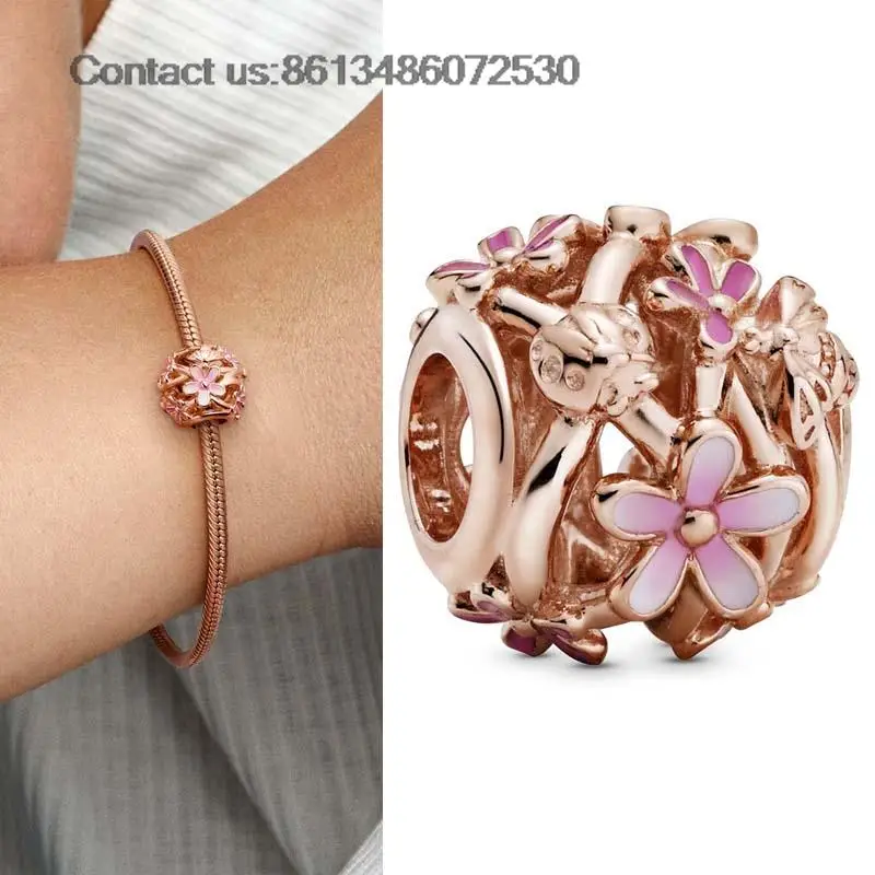 

Женский браслет из серебра 925 пробы, с розовыми маргаритками, божьей коровкой и Пчелкой