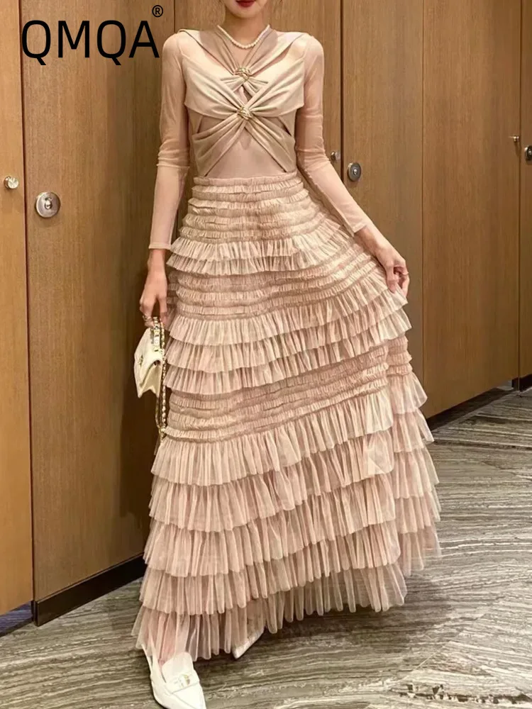 QMQA Модное женское однотонное кружевное сетчатое платье с перекрестным V-образным