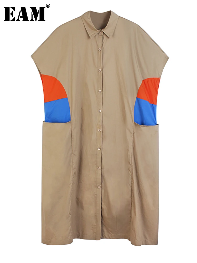 

[EAM] Women Khaki Color-block Big Size Long Shirt Dress New Lapel Sleeveless Loose Fit Fashion Tide Spring Summer 2022 1DE8036