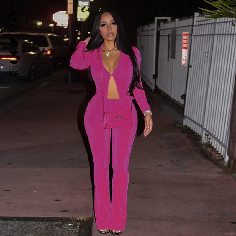 

BoozRey Rose Red Two Piece Set Women Sexy Lapel Long Sleeve Single Button T-shirts and Flared Pants Matching 2023 New Streetwear