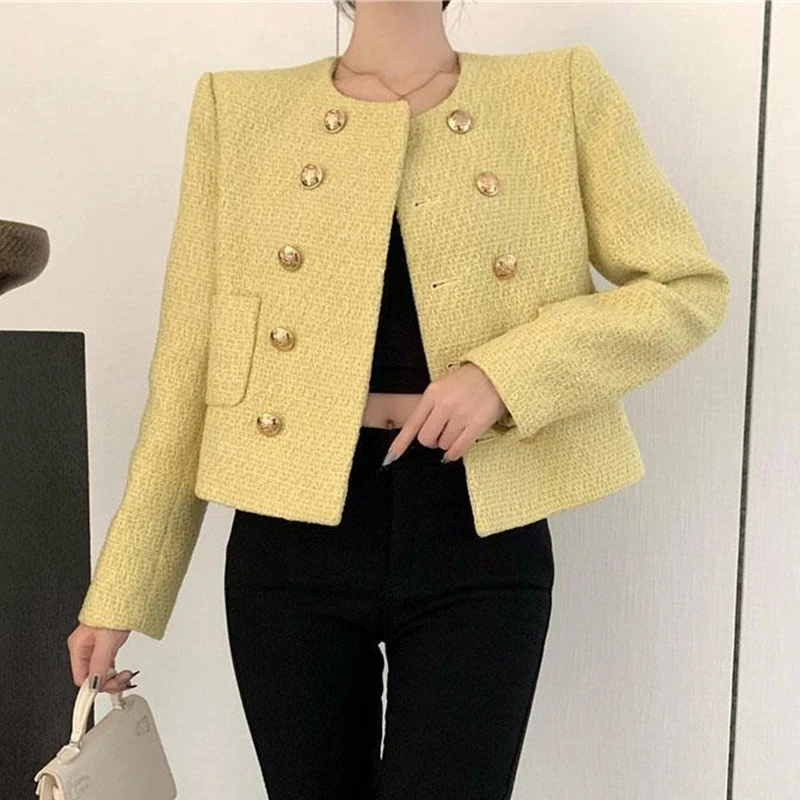 

Elegant Short Tweed Jacket Women Luxury Autumn French O-Neck Double Breasted Cropped Coats Vintage Fashion Designer Outerwear