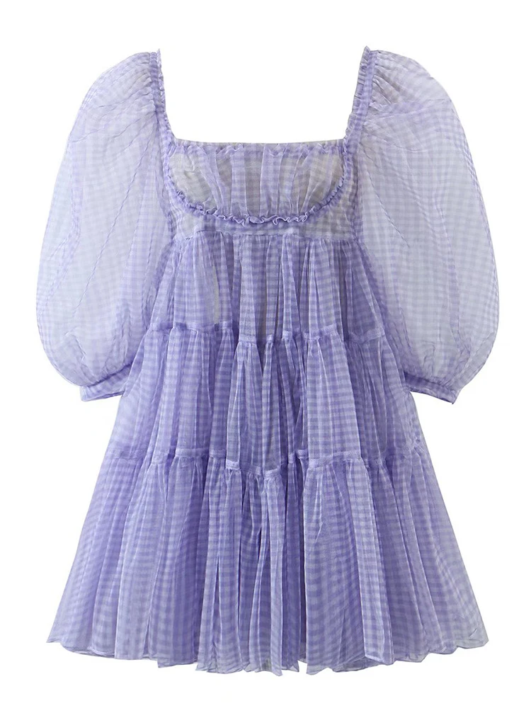 

YENKYE 2022 Fashion Women Purple Plaid Puff Sleeve Dress Sexy Square Neck Summer Holiday Party Dress Ladies Fairy Vestido