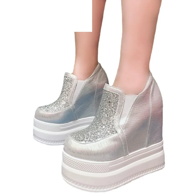 

13cm Platform Wedges Women Casual Shoes Slip on Bling Bling Spring Autumn Sneakers Shoes Slipony Super High Shoes