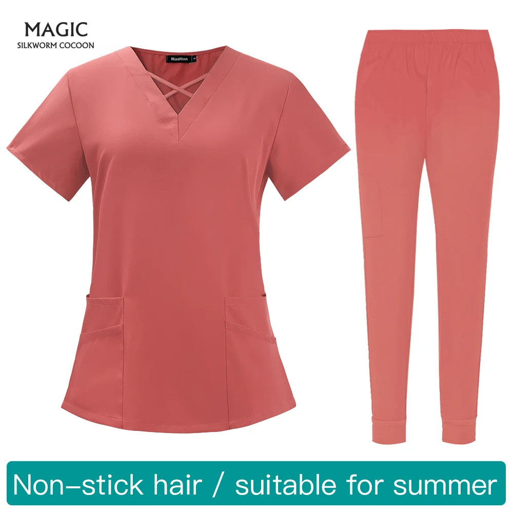 

Healthcare Nurse Tunic Women Solid Pocket Scrub Tops+jogger Pant Short Sleeved Beauty Salon Overalls Medical Dental VET Uniforms