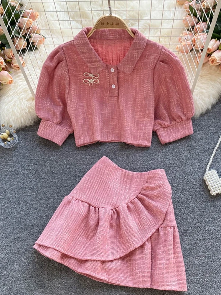 Женский твидовый костюм короткий топ с пышными рукавами и юбка-годе маленький