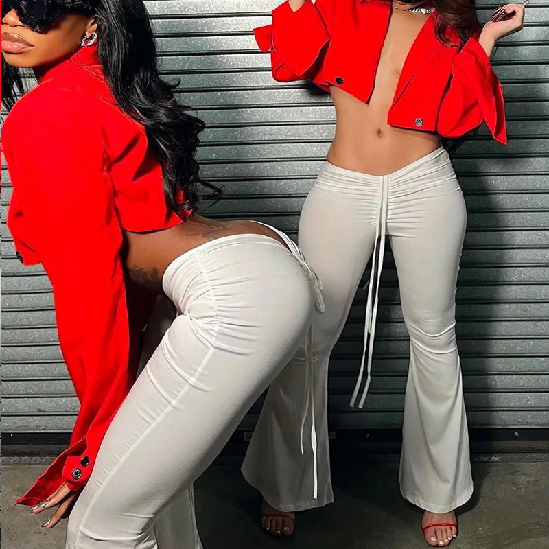 

Summer Pants Women Fashion Low Waist Drawstring Flared Pants New Sexy Lace Wide Leg Trousers Girls Solid Casual Sweatpants