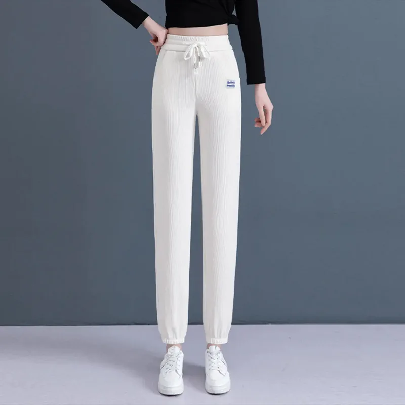 

Chenille Pencil Pants Women's Spring and Autumn 2022 New Thin Casual Tie High Waist Radish Rice White Harem Pants