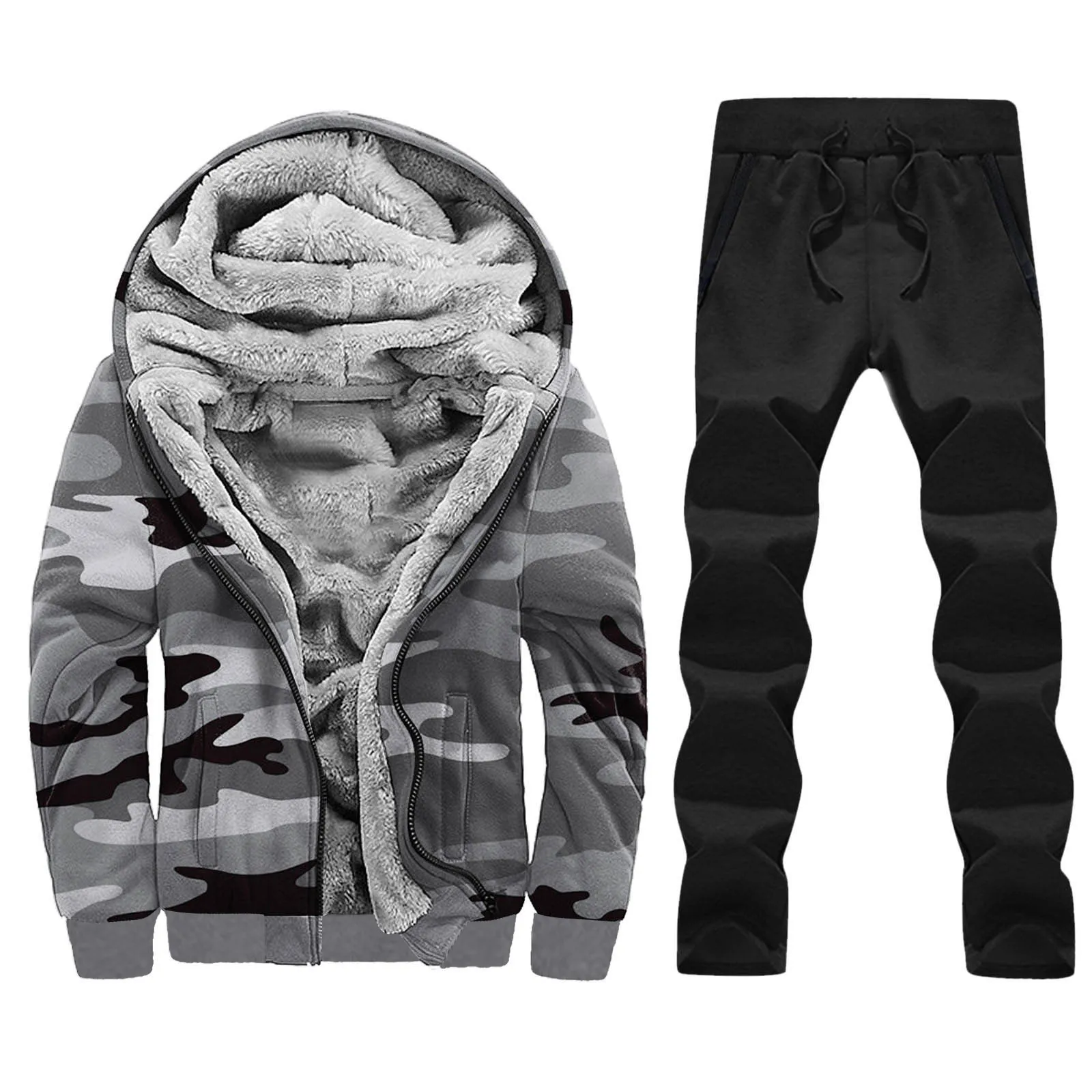 

Men Winter Two-piece Suit Leisure Printed Hooded Plush Jacket Plus Fleece Jacket Coat With Solid Men Business +Pants Suits Sets