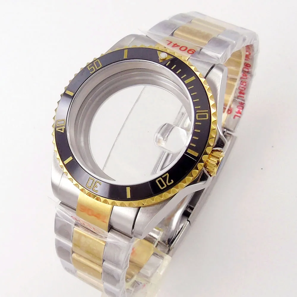 40mm Watch Parts Steel fit nh35a nh36 Two Tone Gold Watch Case Ceramic Insert Glass Back Bezel Ring Middle Polish Wristband