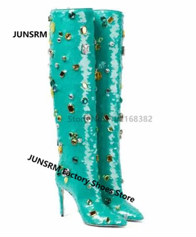 2022 Winter Green Scales Knee High Boot Pointed Toe Bling Rhinestone Diamonds Women Sexy Run Way Thin High Heel Party Long Botas