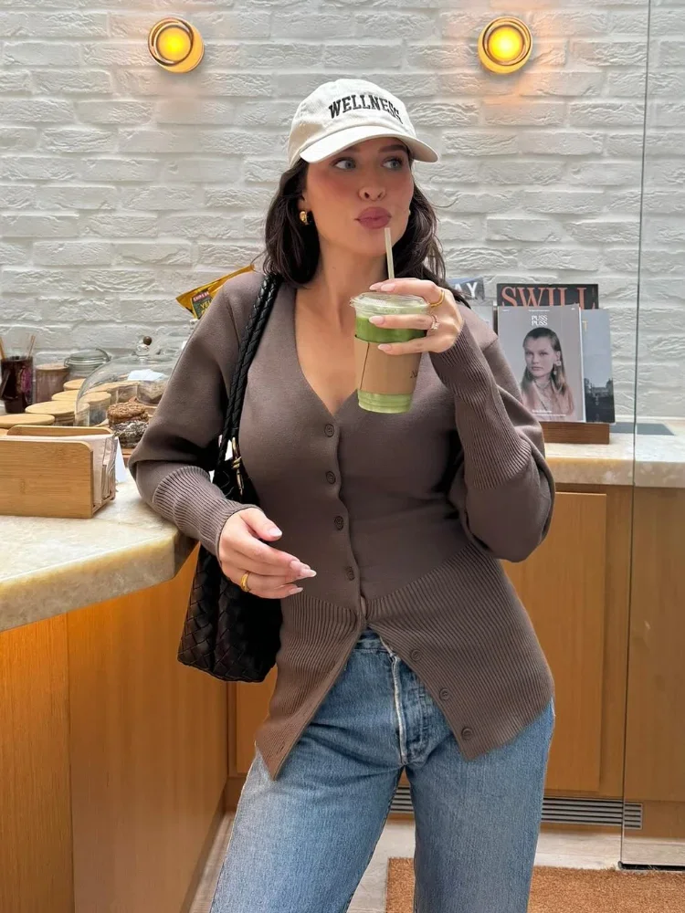 Элегантный однобортный женский облегающий однотонный кардиган модный вязаный