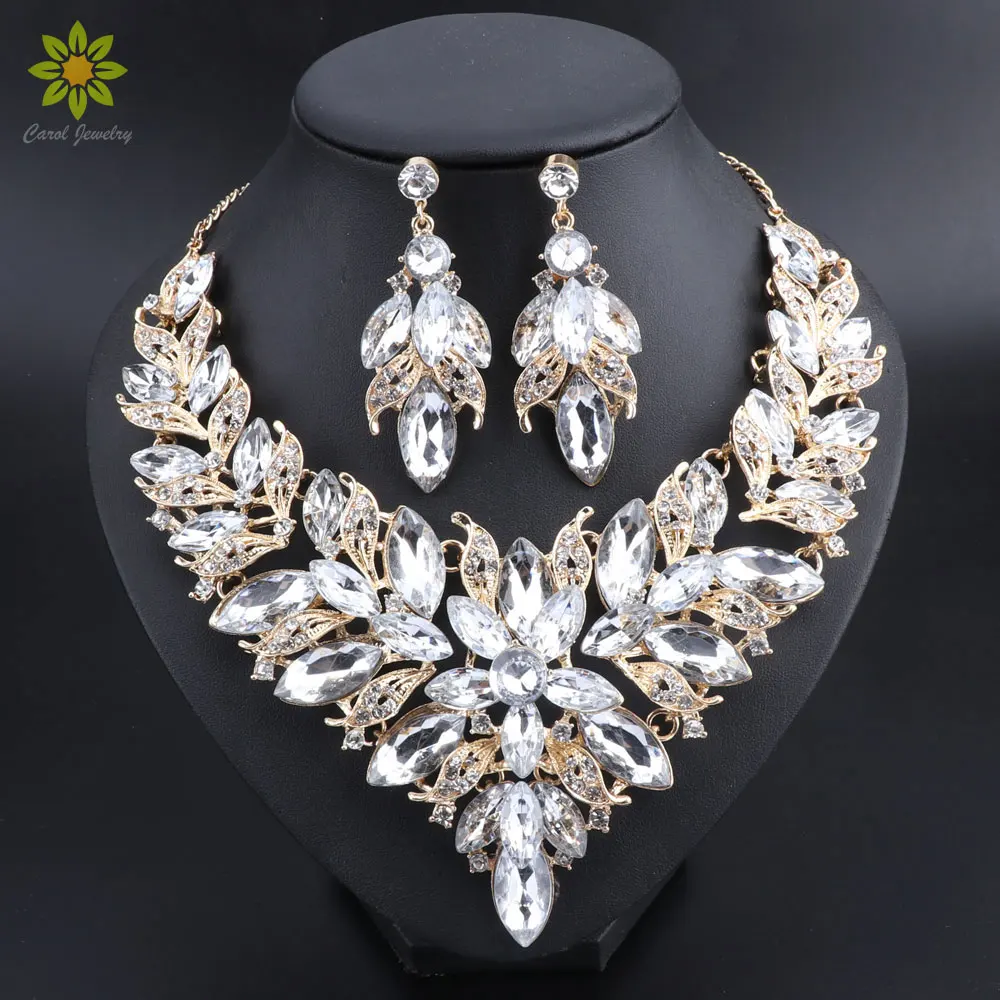 

Luxury Flower Indian Bridal Jewelry Sets Wedding Costume Gold Color Necklace Earrings Set Crystal Set Jewellery for Brides Women