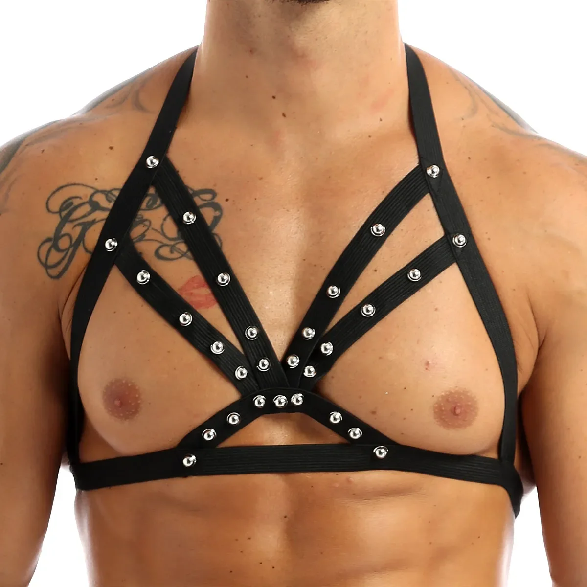 

FauxLeather Harness Halter Elastic Body Sexy Chest Belt Metal O-Ring Caged Crop Tops Male Gay Lingerie Punk Gothic Rave Clubwear