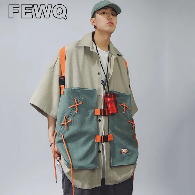 

FEWQ Safari Style Men's Shirts Short Sleeve Male Fake 2 Pcs Coats Turn-down Collar Vests Streetwear 2023 Spring Tide New 24B1022