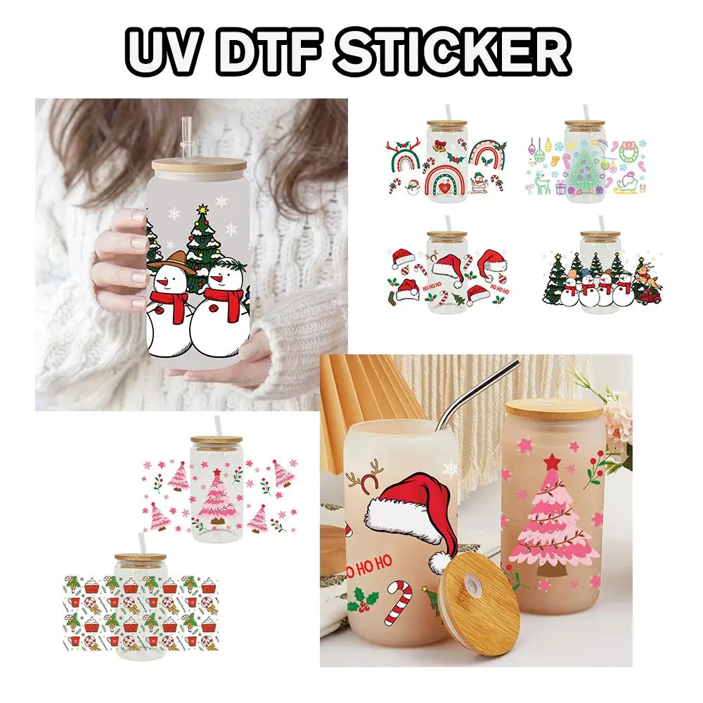 

Christmas Themed UV DTF Transfer Sticker For 16oz Glass Water Cup Wraps Bottles Cup Sticker DIY Waterproof Decor Supplies X6E0
