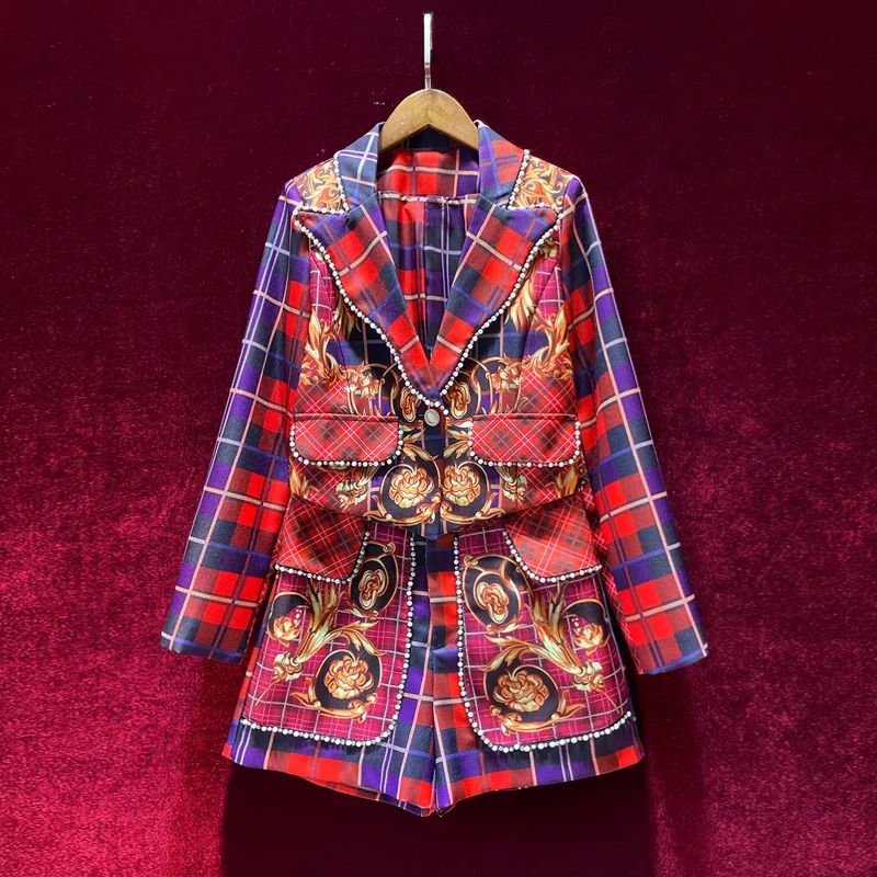 

Женская одежда в европейском и американском стиле, новинка весны 2022, костюм с длинными рукавами и воротником из бисера, фиолетовые клетчаты...