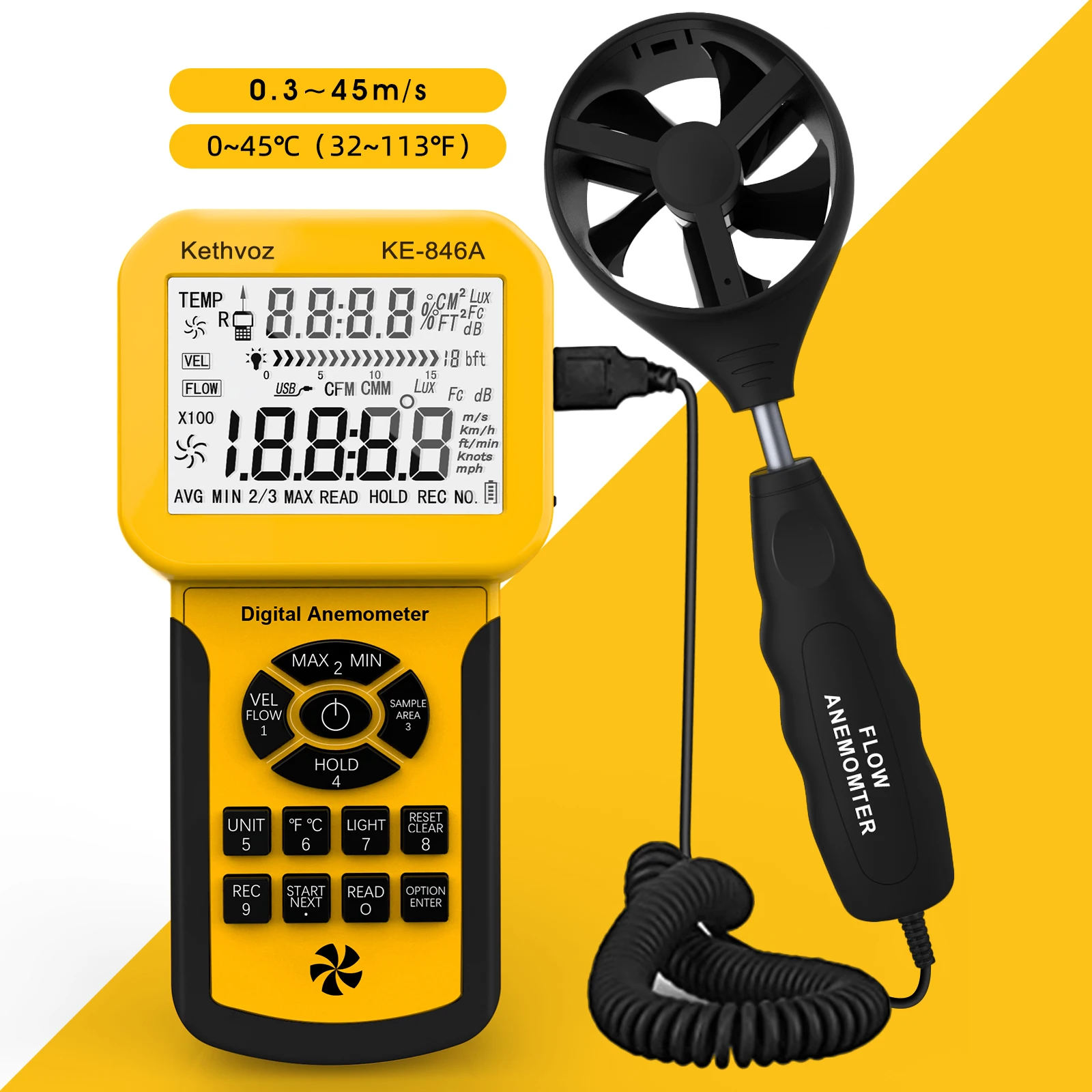 

Цифровой анемометр с выдвижным датчиком, измеритель скорости ветра с хранилищем данных 600 пластинок, максимальный/мин/Avg, CMM/CFM