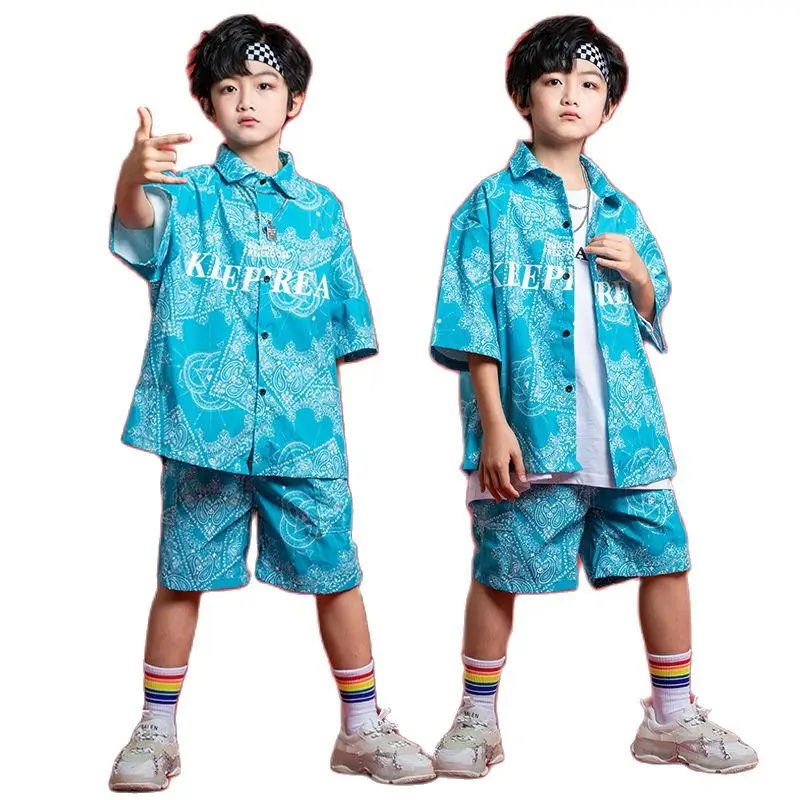 

Summer Boys Blue Casual Outfit Teen Kids Paisley Print Shirt Shorts Set Children Fashion Trend Streetswear Clothing Suit 3-16Yrs