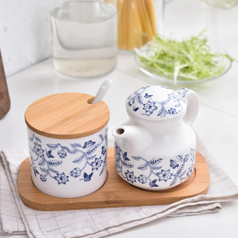 

Ceramic Spice Pot Organizer Gadgete Classic Wooden Lid Spice Pot Set Chinese Style Pojemniki Na Przyprawy Home Kitchen Items