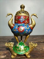 9 tibetan temple collection old bronze cloisonne enamel double head dragon turtle binaural crane incense burner gather fortune
