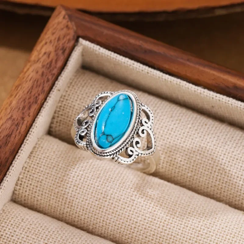 Ретро этнический стиль полое резьба имитация бирюзы овальное кольцо для женщин и
