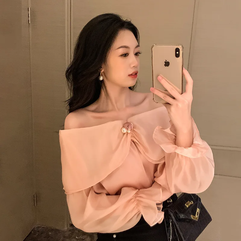 

Beige Color Fashion Chiffon Women Blouse Shirt Full Sleeves Ruffles Patchwork Lady Elegant Party Tops Clothes