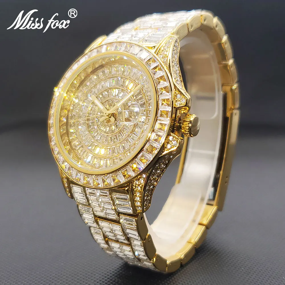 Gold Watch For Men Luxury Diamond Watches With 110 Pcs Baguette Unique Stylish Male Hand Clock Power By Battery Droshipping