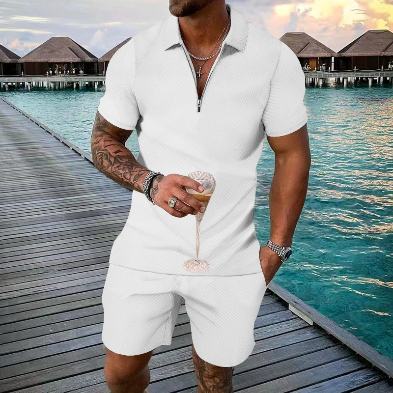 

2023 Summer New Men's Texture Jacquard Set Solid Polo Short Sleeve Shorts for Men