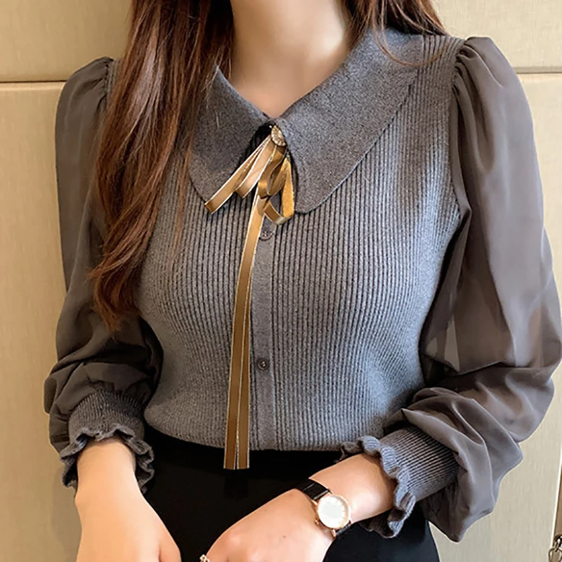 

Women Chiffon Patchwork Sweater Lantern Sleeve Turn-down Collar Button Pullover Office Lady Sweater For Women 2023 Autumn