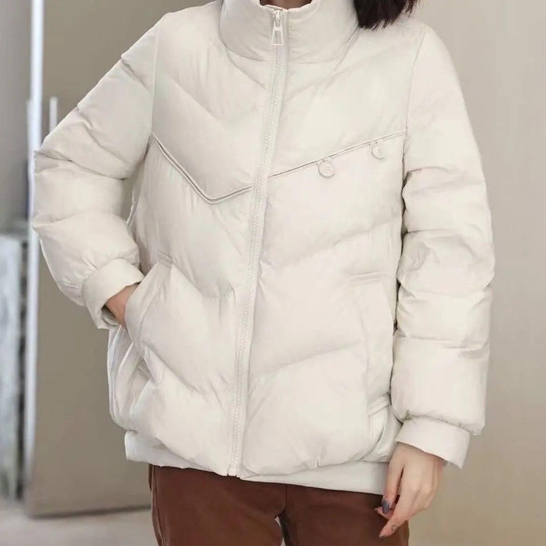 Autumn and Winter New White Duck Down Jacket Straight Short Thin Warm Female Women Down Coats Women Stand Collar Pockets M21