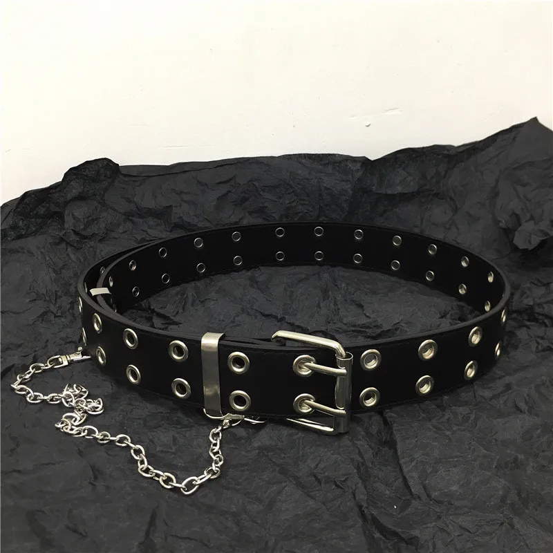 이불 Hip Hop Chain Tassel Belts Punk Studded Pin Buckle PU Belt Y2K Unisex Black Casual Jeans Pants For Women Men