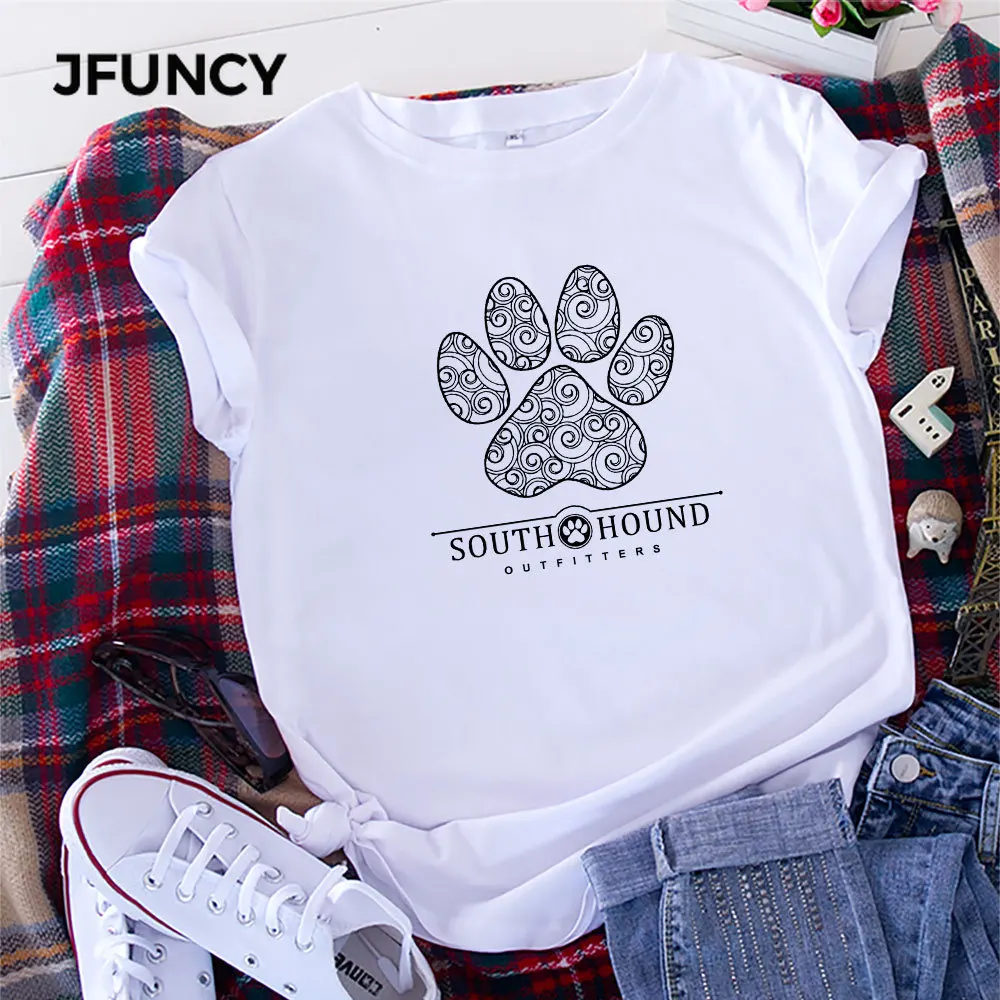 JFUNCY  Women Tee Shirt 100% Cotton Short Sleeve Casual Female Tshirt Dog Paw Print T-shirt Woman Summer Loose Tops