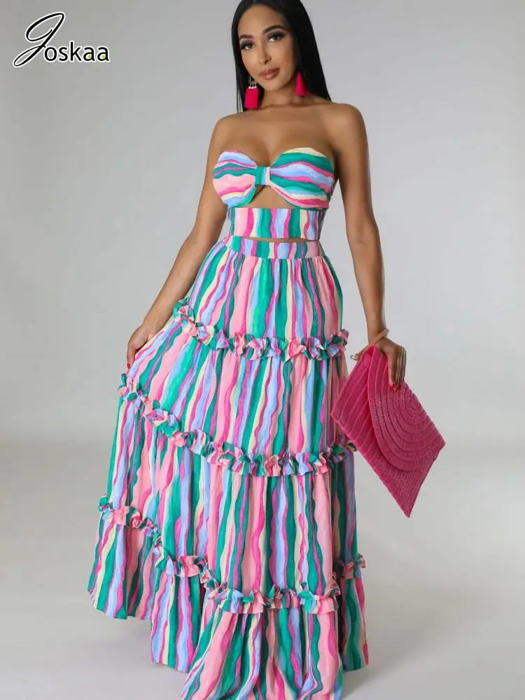 

Joskaa Colorful Striped Print Two Piece Set Women Sexy Wrap Chest Tank Tops and Maxi Skirt Matching 2023 Beach Vacation Outfits