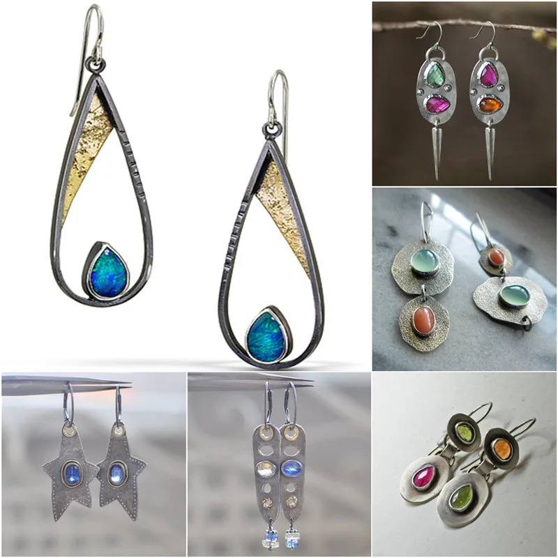 

2022 New Vintage Orange Blue Stone Statement Pendant Earrings Women's Party Engagement Personalized Jewelry