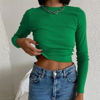2022 summer cotton womens crop top o neck long sleeve solid red tops female new green skinny sexy fashion casual ladies clothes