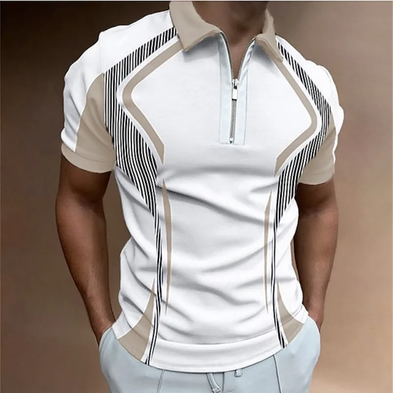 Men's Summer New Print Stitching Casual Polo Short Sleeve Fashion Lapel Zipper Style Business Office and Home Must-have