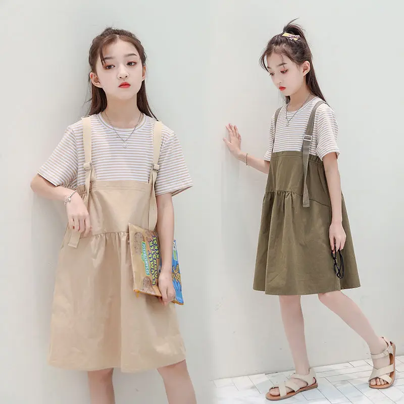 

Summer Girl Cotton Dress Children Short Sleeced Dresses 2023 New Teenage Striped Vestidos Clothing Kids Outfits