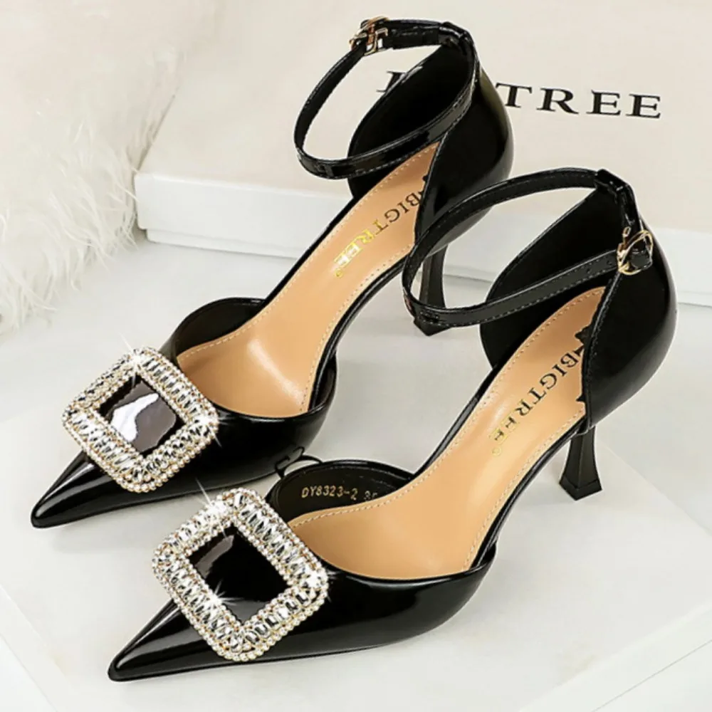

BIGTREE Fashion Simple Women's high Heels Women's Shoes Square Rhinestone Buckle Decoration And hollow Wedding Party Sandals