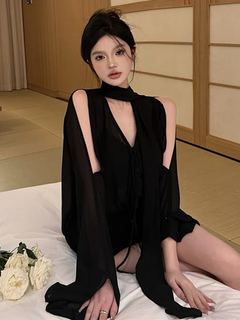 

Модная ажурная блузка WDMSNA, Женский шикарный шарф с открытыми плечами и длинным рукавом, женская рубашка в Корейском стиле с V-образным вырезом