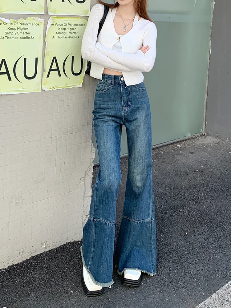 

Spring High-waisted Flare Pants 2023 Fashion Washed-blue Denim Wide Leg Trousers Chic Street Style Tassels Women Casual Jeans