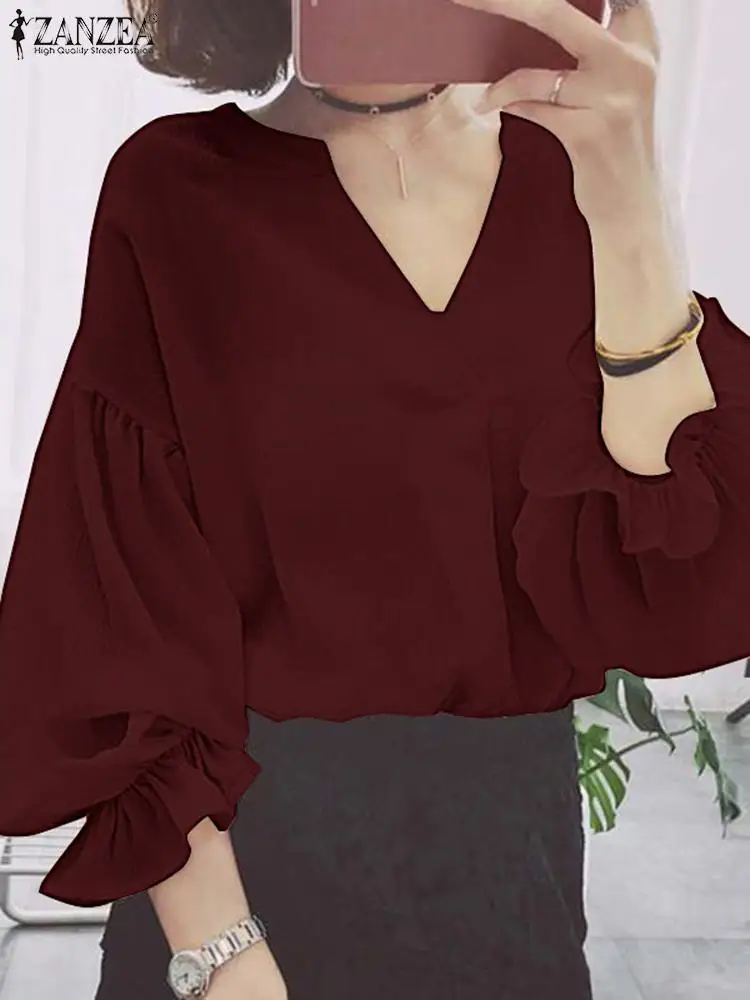 

Bohemian Loose Casual Elegant Fashion Holiday Work Blusas 2022 ZANZEA Women Spring Puff Sleeve V-Neck Solid Color Blouse Female