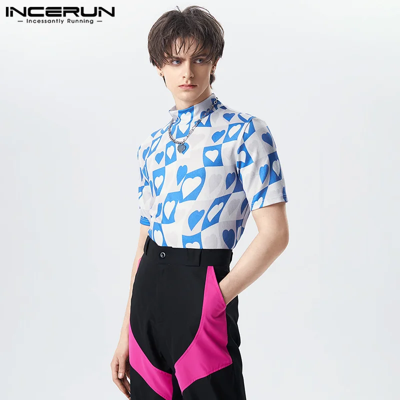 

Вечерние показывает Стильные топы INCERUN, мужские контрастные клетчатые футболки с рисунком сердца, Повседневная Уличная одежда, футболка с к...