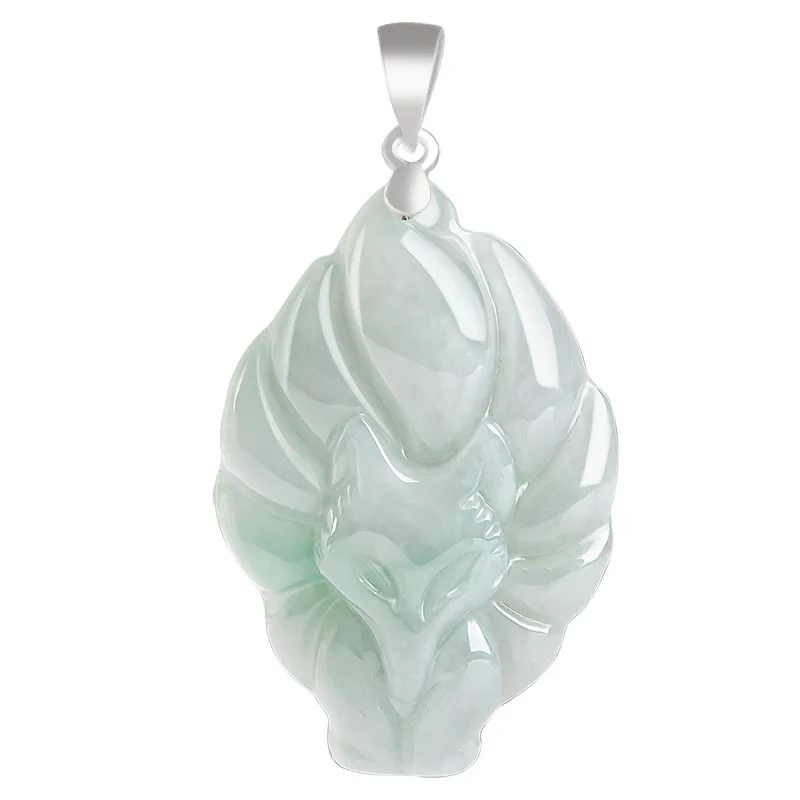 Natural Myanmar A-goods Jade Light Green Nine Tailed Fox Pendant S925 Silver Necklace Waxy Jadeite Charms Women's Jewelry