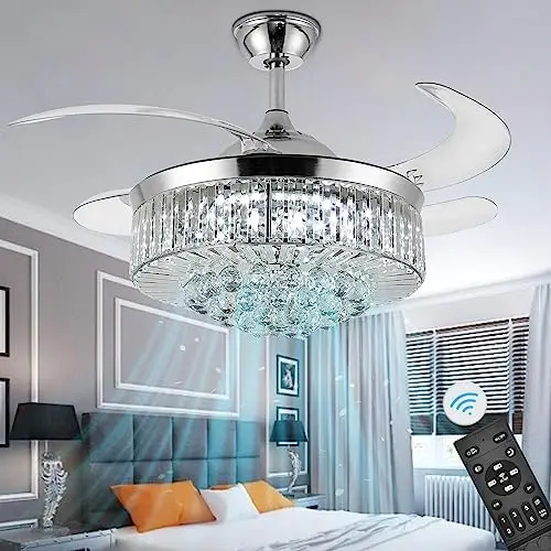 

Потолочная люстра с вентилятором, Современный хрустальный потолочный вентилятор с дистанционным управлением, 4 выдвижных лезвия из АБС-пластика для спальни, гостиной
