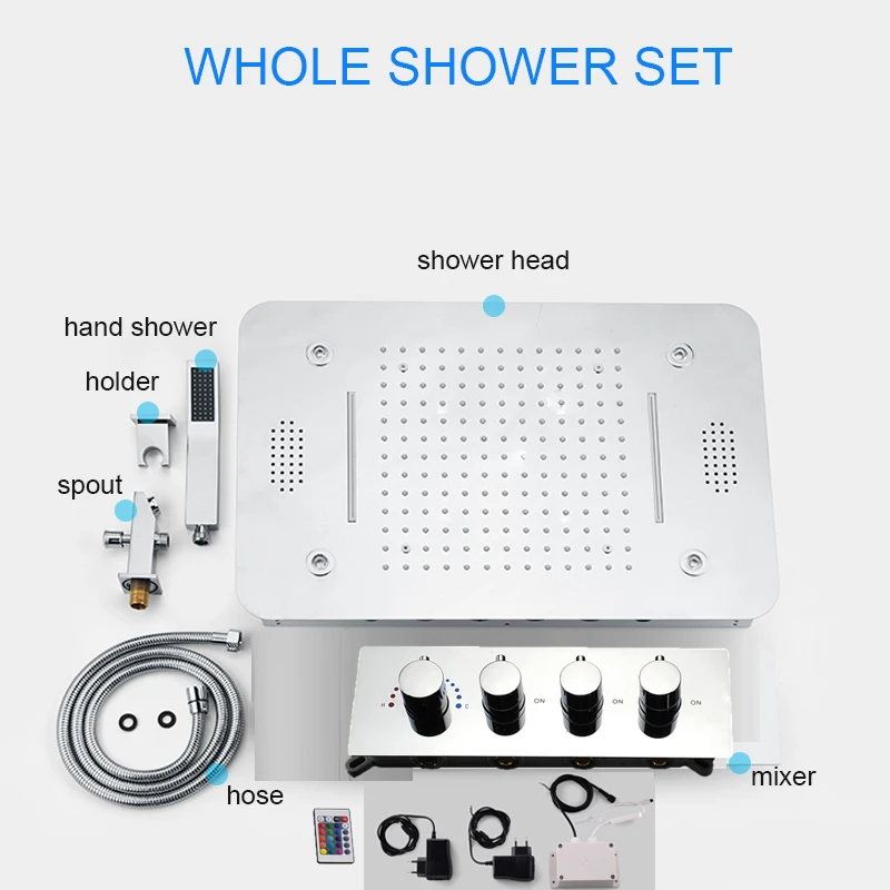 

Thermostatic Music Shower Faucets Set 380 x 580 mm Rainfall Waterfall Ceiling Recessed Shower head Electric LED Bath